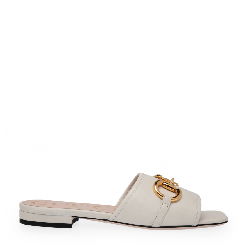 Gucci Horsebit flat leather sandals for Women - White in Qatar | Level Shoes