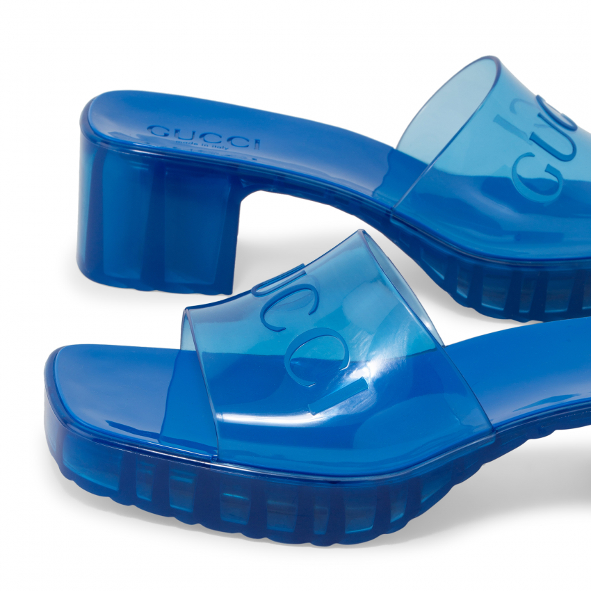 blue gucci rubber slides